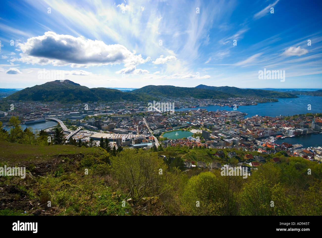 The lookout point on the top of Mount Fløien in Bergen Norway offers fantastic views of the city Stock Photo