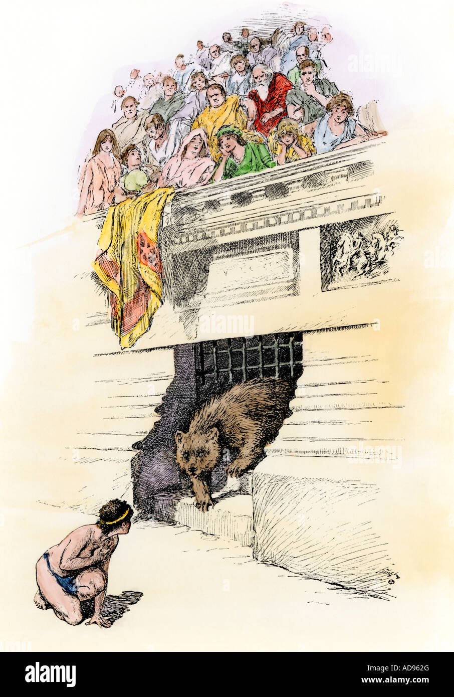 Crouching girl facing a hungry bear in an ancient Rome arena. Hand-colored woodcut Stock Photo