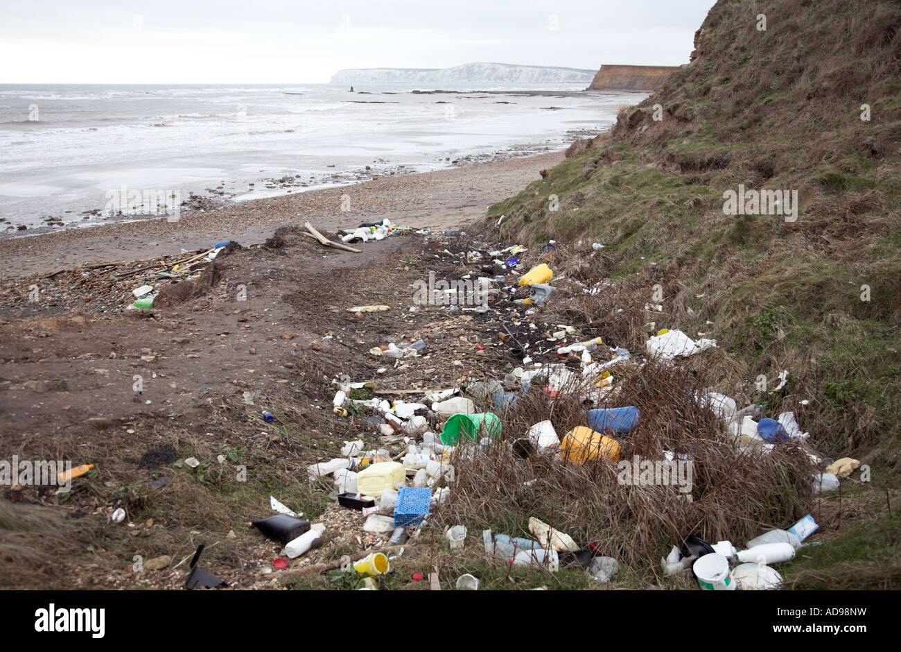 washed up rubbish on beach Compton Bay Isle of Wight Winter 2007 Stock