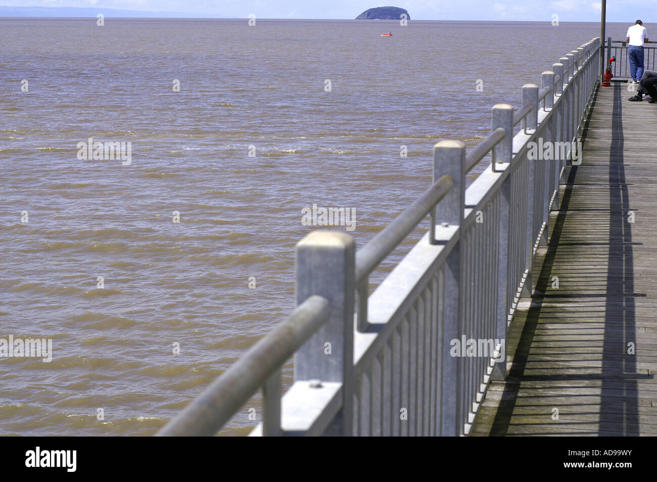 man standing on Grand Pier and looking on Steepholm island. Weston Super Mare, Somerset, England Stock Photo