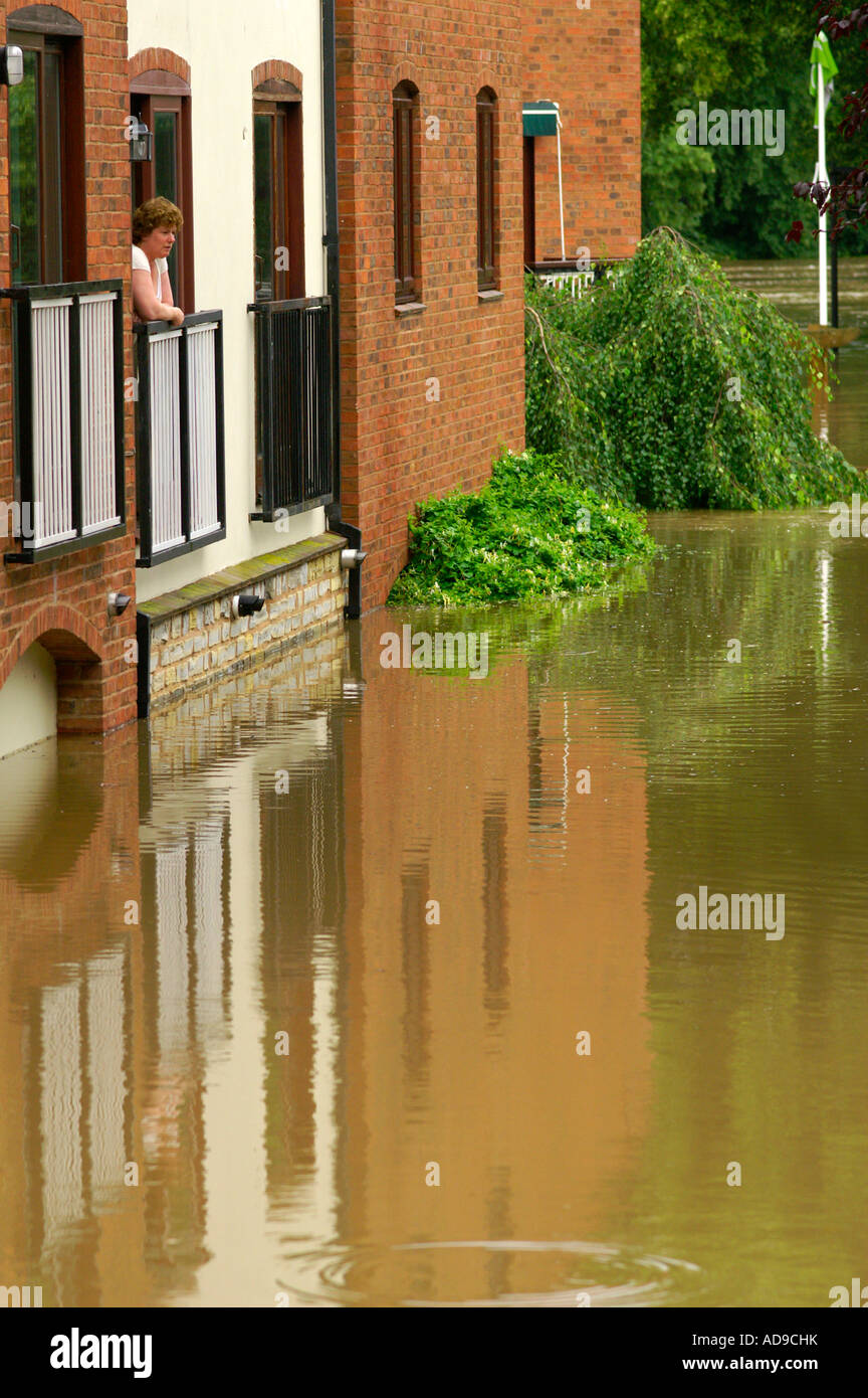 woman surrounded by water waiting for rescue . Northumberland,  Morpeth, UK September 2008 Stock Photo