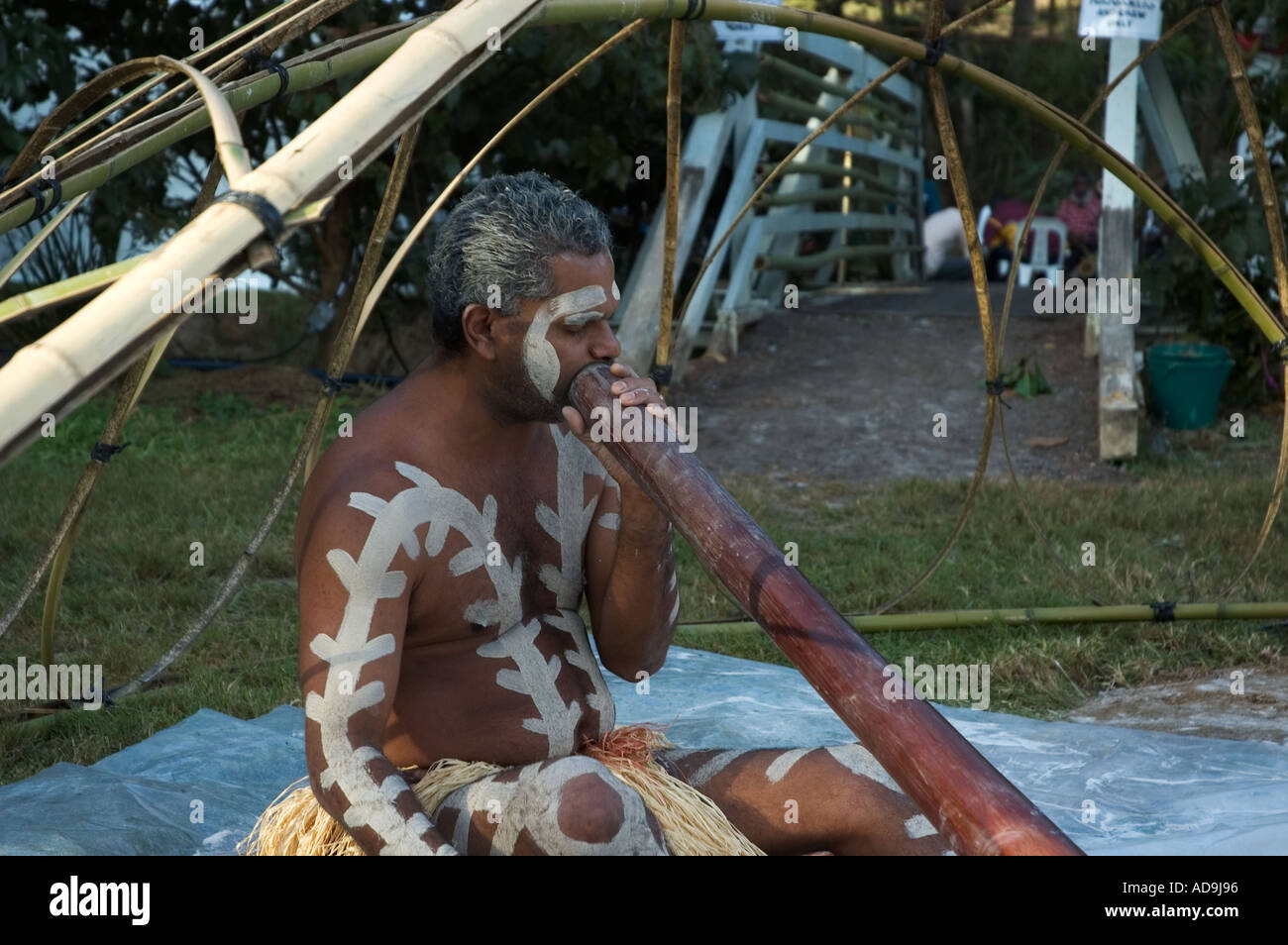 Aboriginal didgeridoo  player at first persons festival Queensland Australia Stock Photo