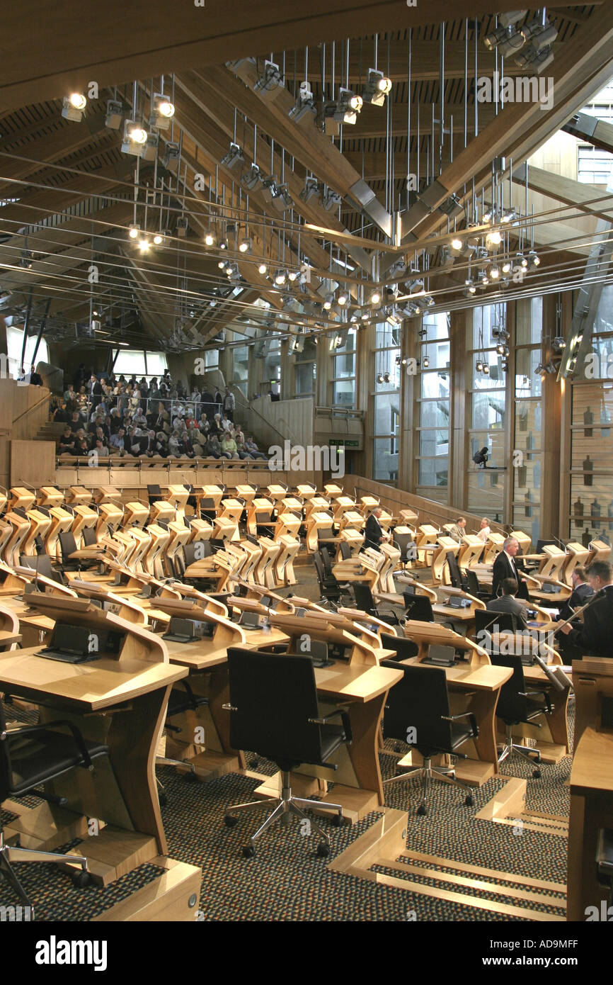 The debating chamber of the Scottish Parliament building with the public gallery at the back Edinburgh Stock Photo