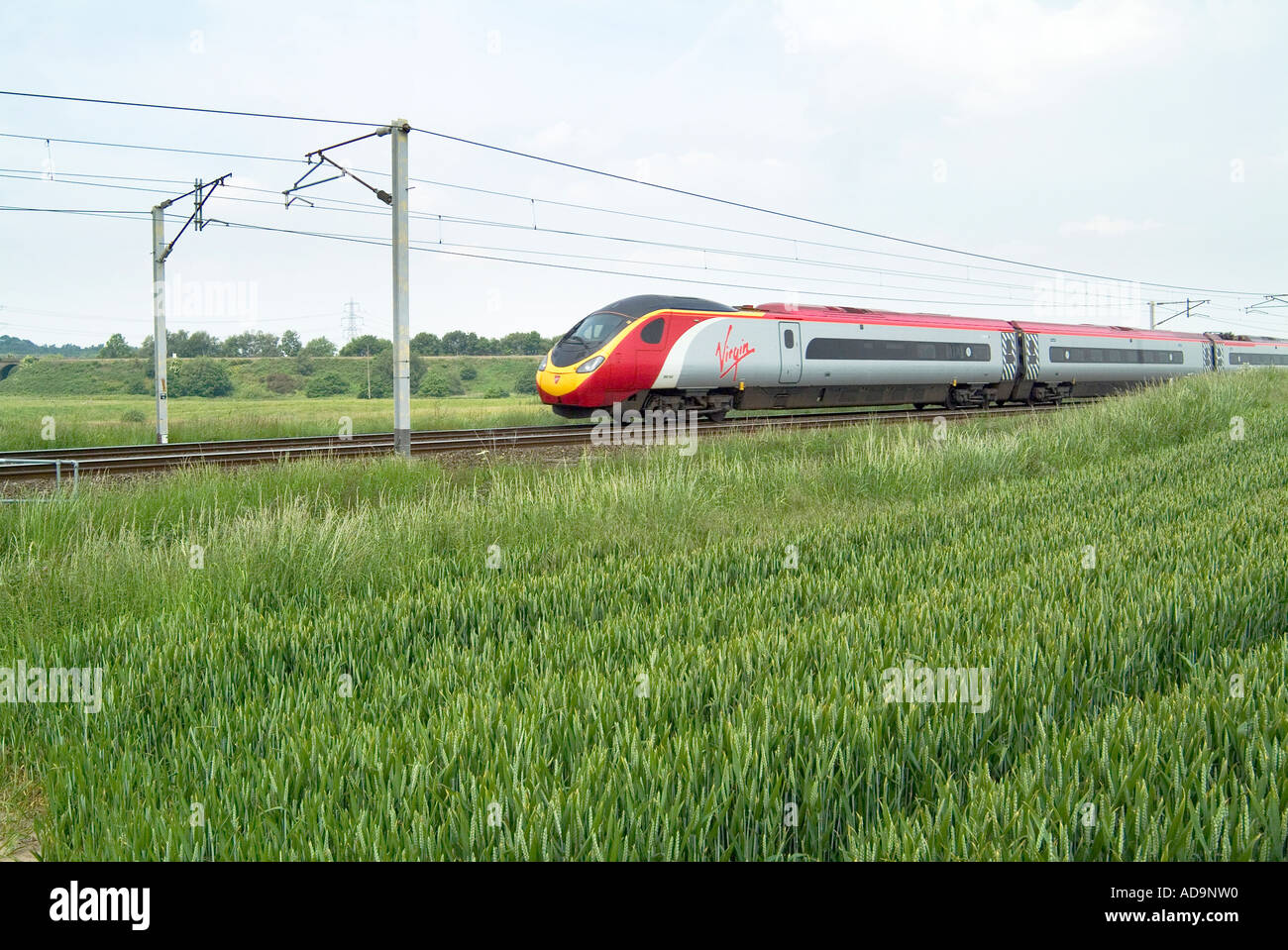 Virgin train on West Coast Line passing through fields growing crops in the countryside near Warrington Cheshire UK Stock Photo