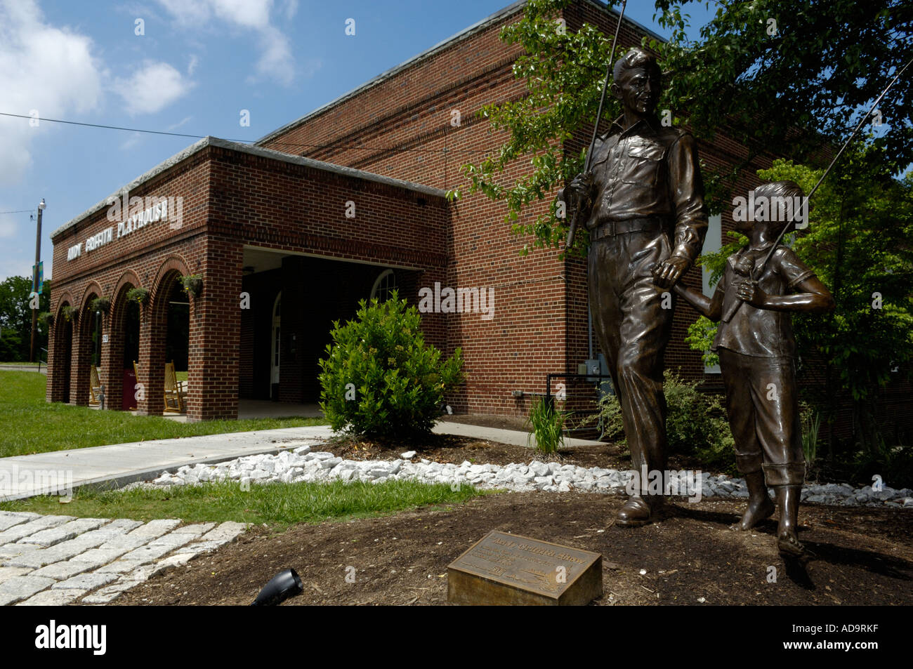 The Andy Griffith Playhouse with Andy and Opie statue in Mt. Airy North Carolina USA Stock Photo