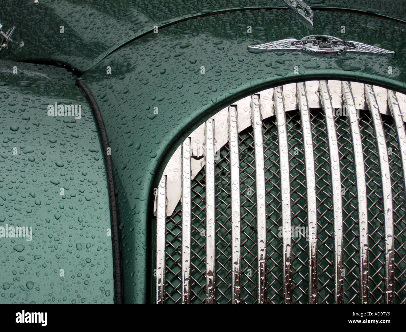 close up of front grill on Morgan Aero 8 sports car in the rain Stock Photo
