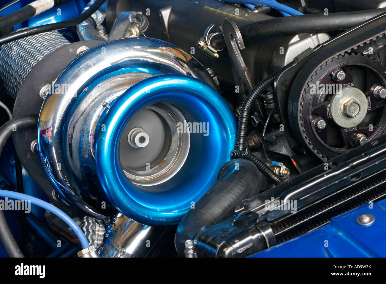 spinning turbine wheel on the inlet housing of a turbocharger fitted to