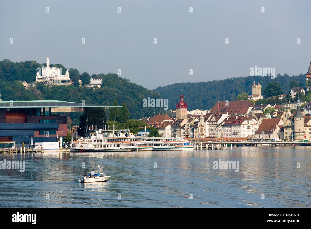 View over Lake Lucerne to KKL culture and congress centre of Lucerne at Europaplatz Lucerne Canton of Lucerne Switzerland Stock Photo