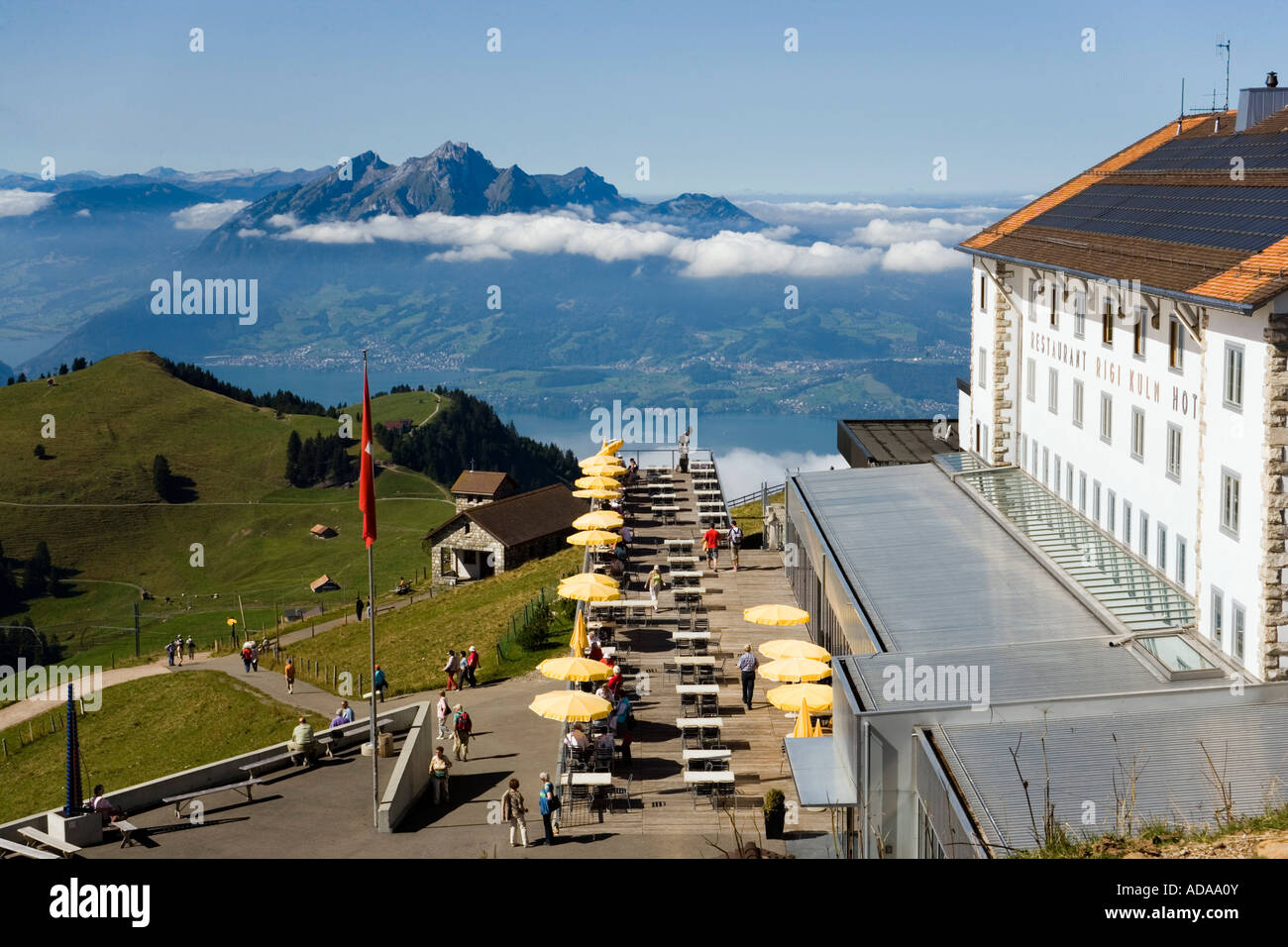 View over terrace of Hotel Rigi Kulm to Pilatus 2132 m Rigi Kulm 1797 m Canton of Schwyz Switzerland Stock Photo