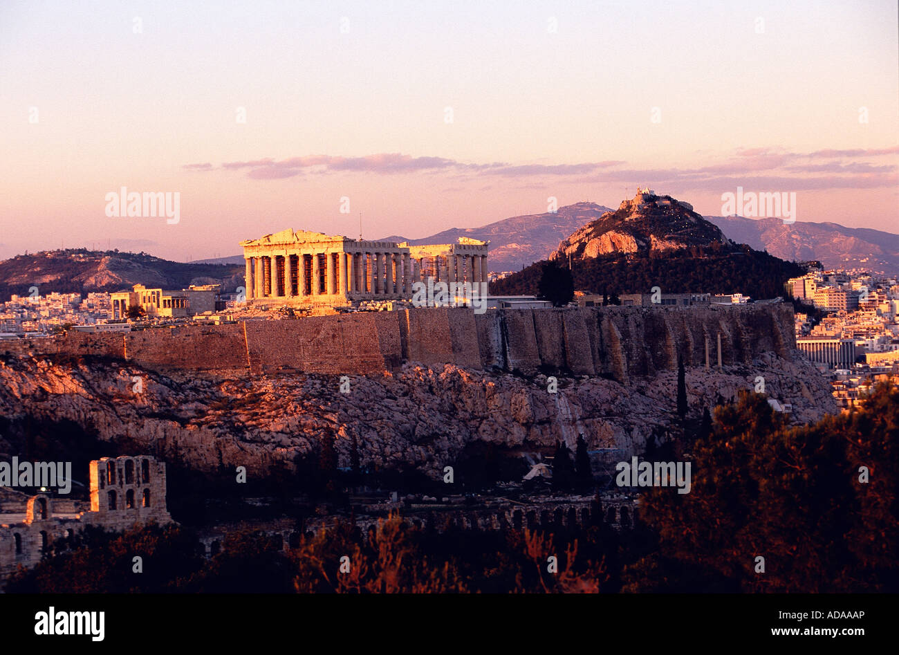 Parthenon Acropolis Lycabetus Hill view from Philopappos Hill Stock Photo