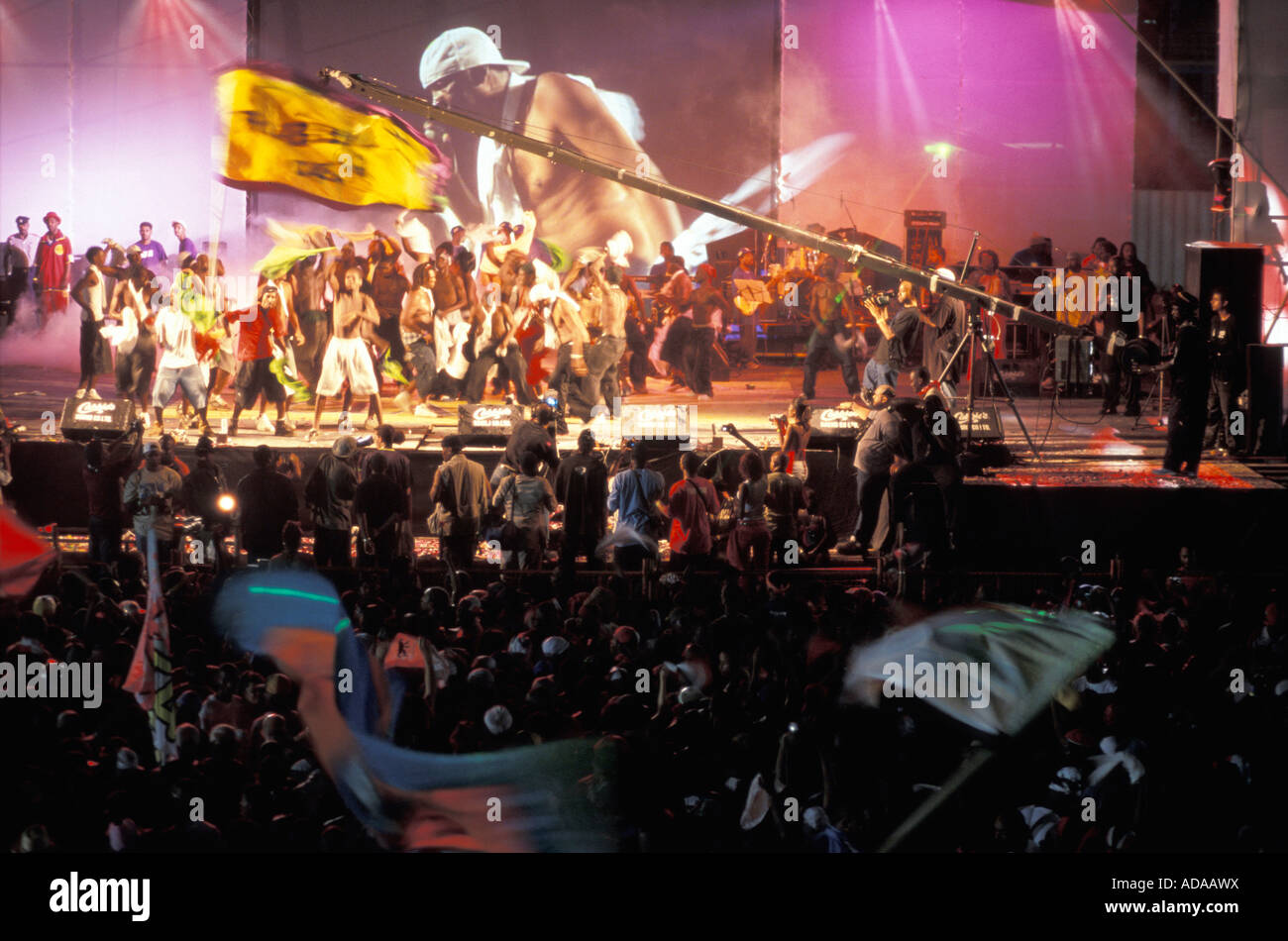 People performing on stage Soca Monarch Competion during Carnival Port of Spain Trinidad Trinidad And Tobago Stock Photo