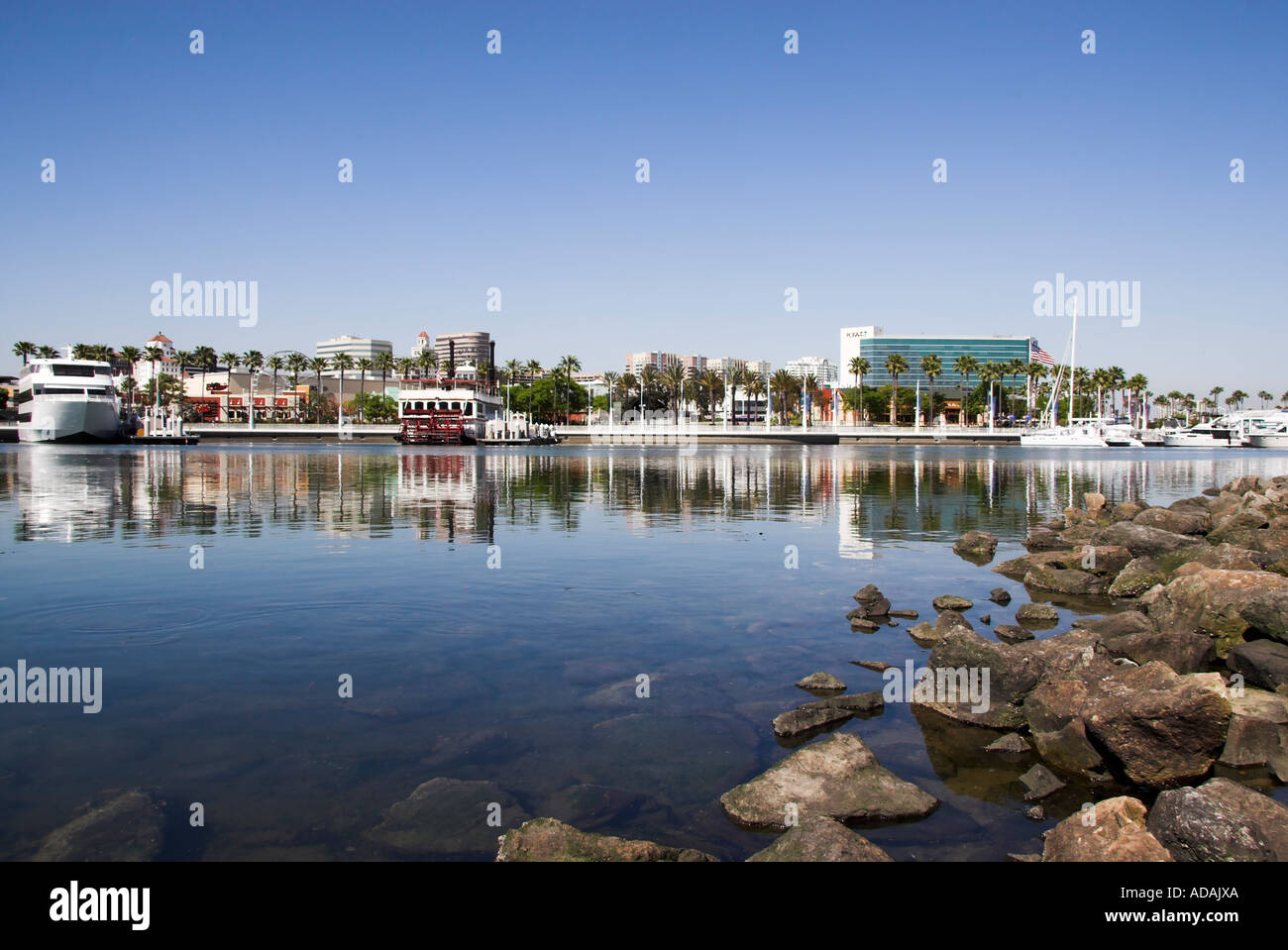 Downtown Long Beach skyline across Rainbow Harbor, California, USA Stock Photo