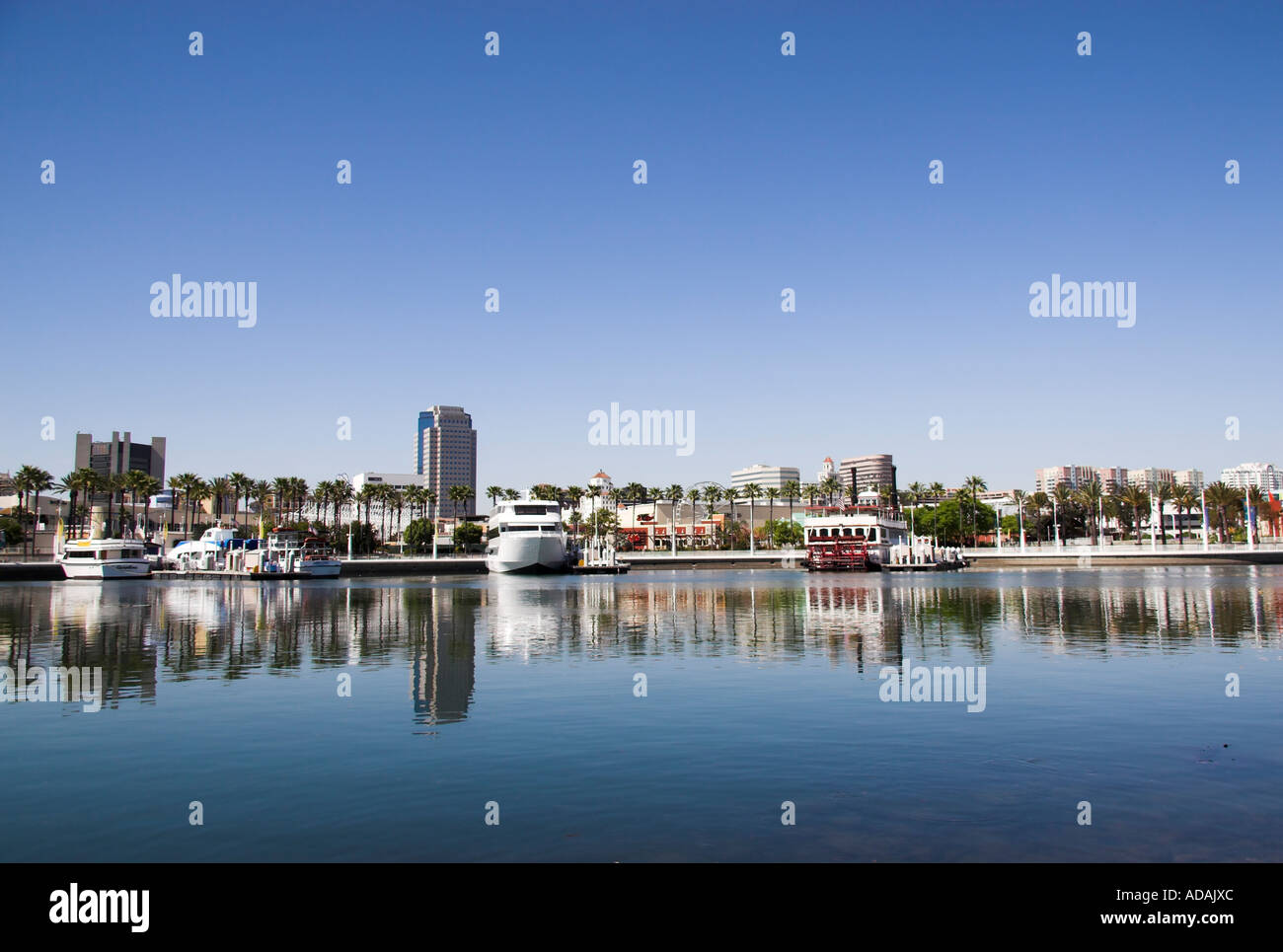 Downtown Long Beach skyline across Rainbow Harbor, California, USA Stock Photo