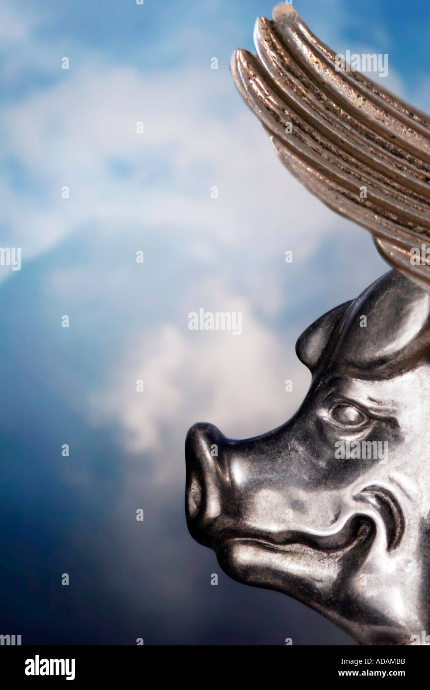Flying Pig When Pigs Fly Silver Pig with Silver Wings Stock Photo