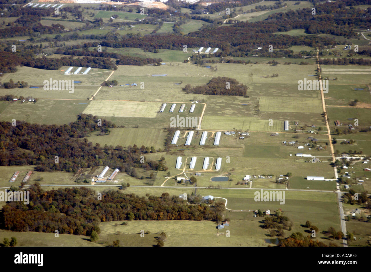 Aerial view of commercial chicken farm Northwest Arkansas USA Stock