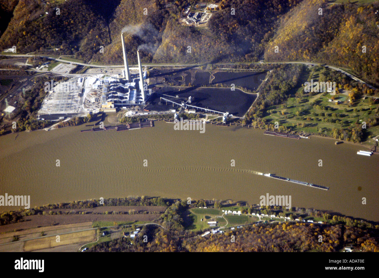 Aerial view of coal fired power plant on river Arkansas USA Stock Photo