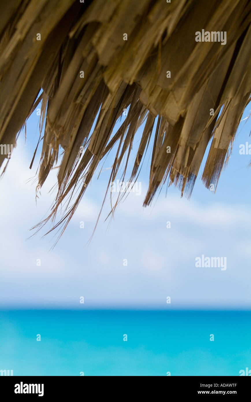Edge of a straw / palm sun umbrella with tropical blue sea ocean waters in the background Stock Photo