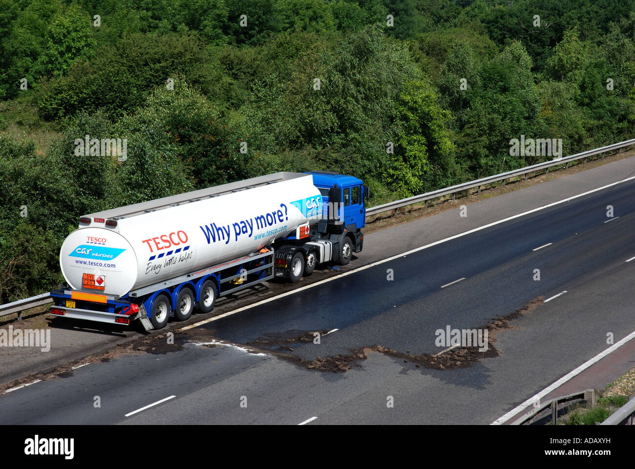 Diesel spillage from Tesco tanker on M40 motorway, Warwickshire, England, UK Stock Photo
