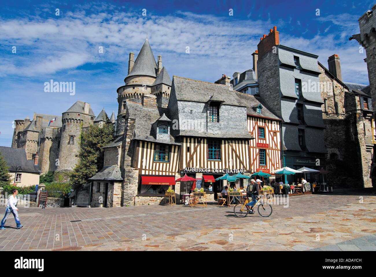 Medieval half-timbered houses at the entrance of Vitré, Brittany, France Stock Photo