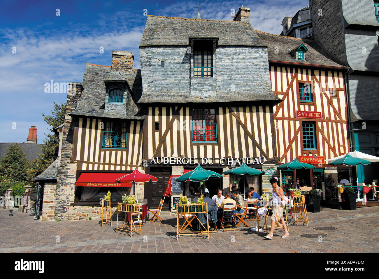 Medieval half-timbered houses at the entrance of Vitré, Brittany, France Stock Photo