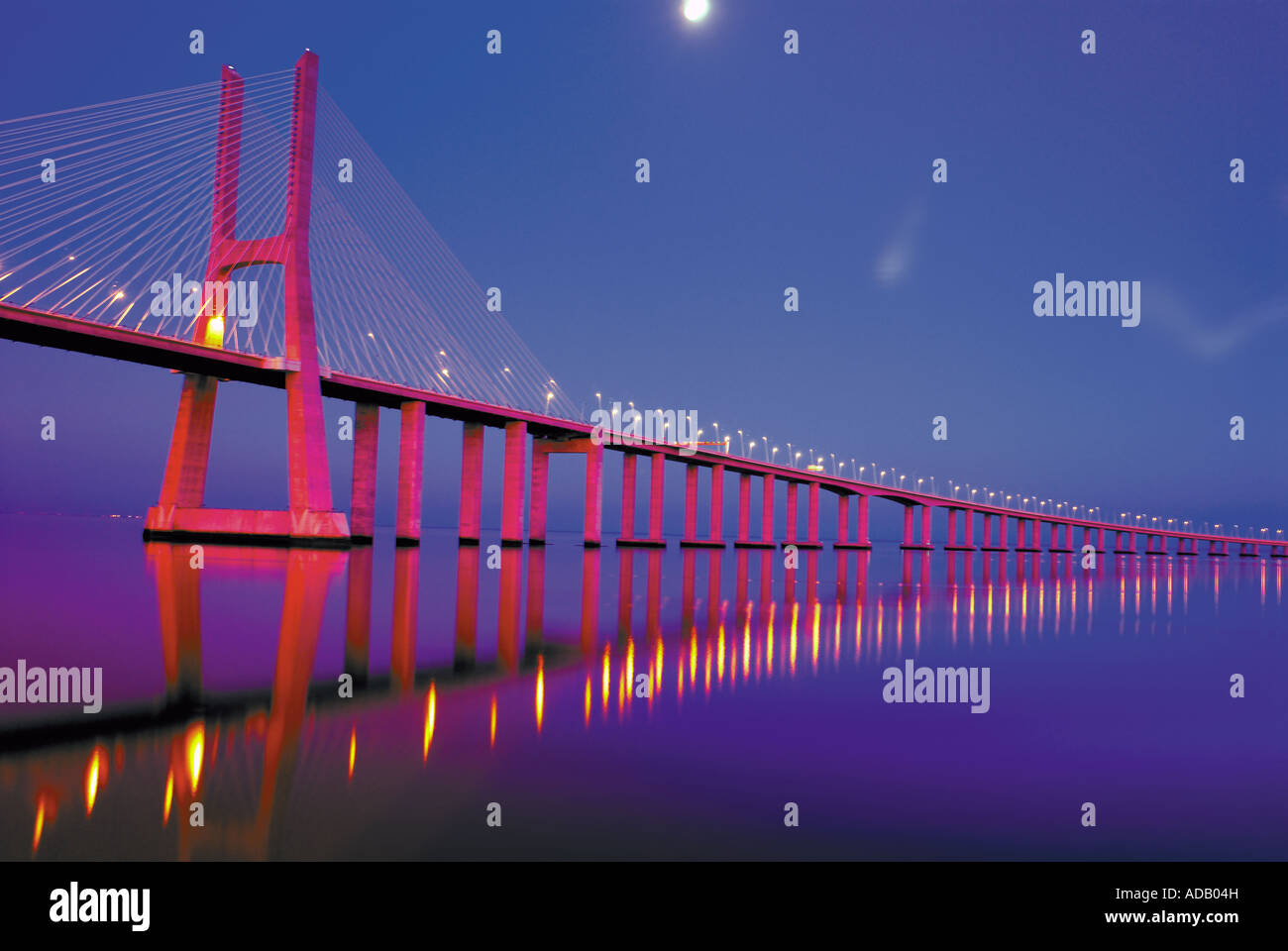 Bridge Vasco da Gama by night, Lisbon, Portugal Stock Photo