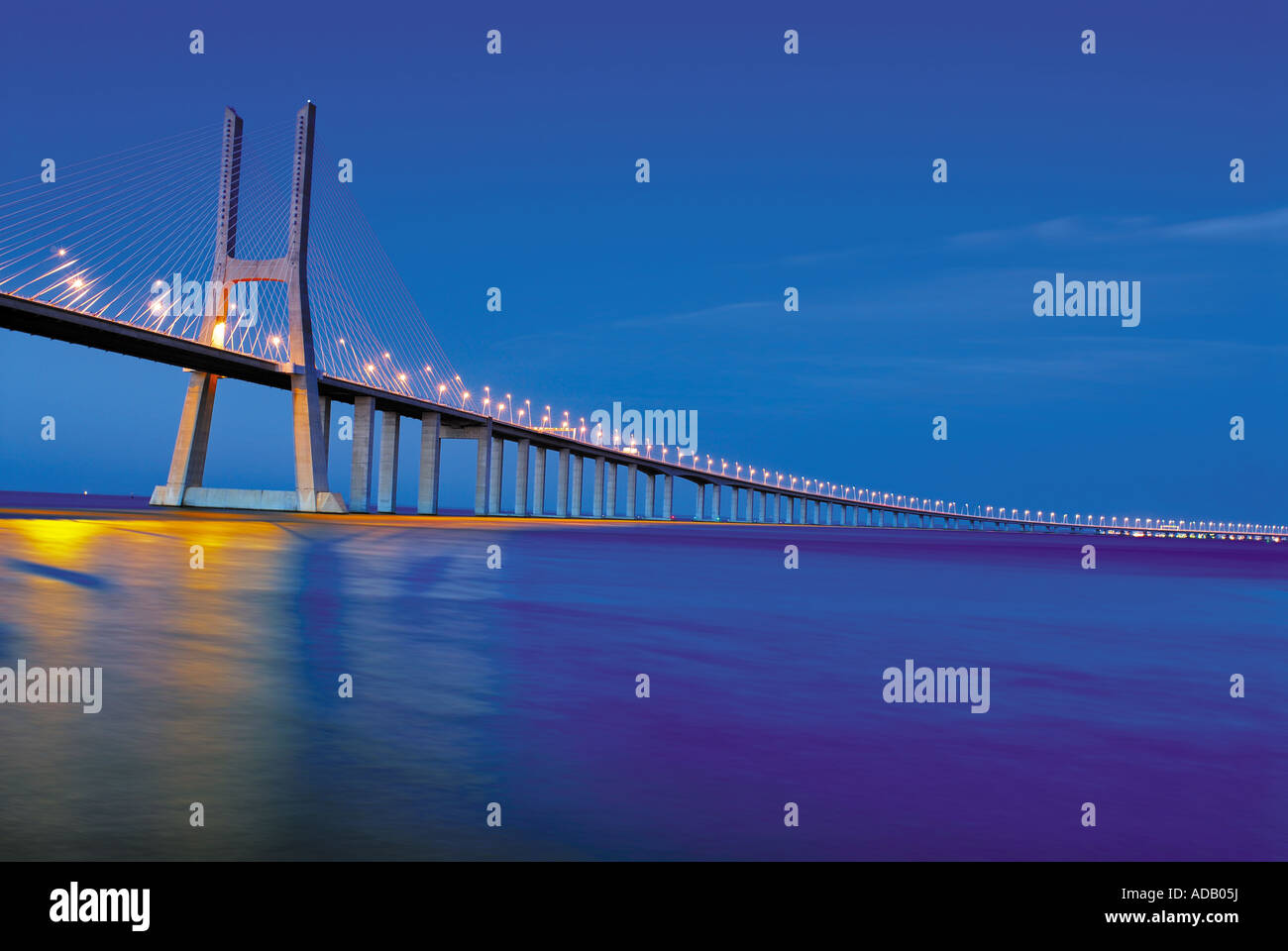 Bridge Vasco da Gama by night, Lisbon, Portugal Stock Photo
