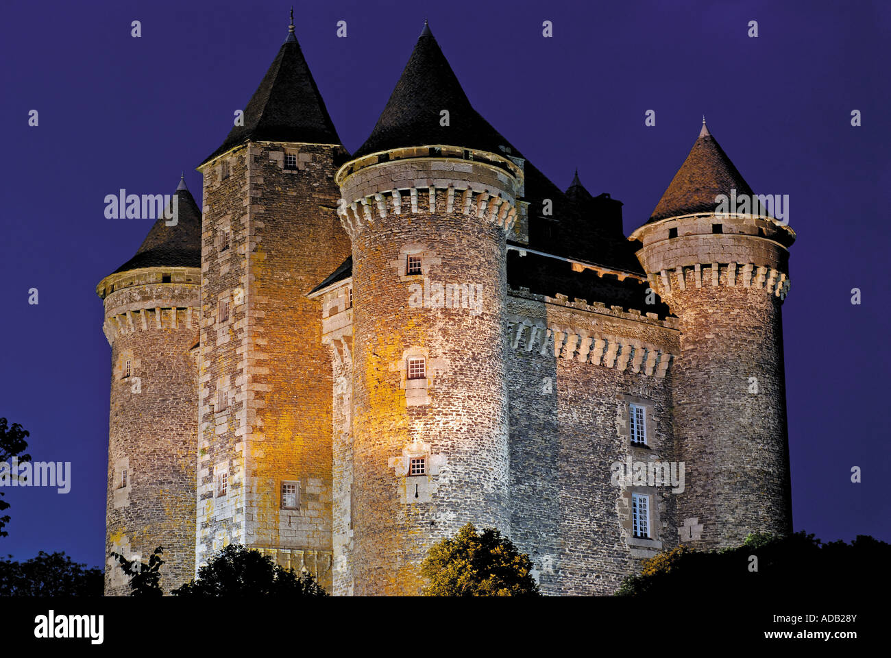 Medieval castle Chateau de Bousquet by night, Bousquet, Laguiole, Aveyron, Midi-Pyrenees, France Stock Photo