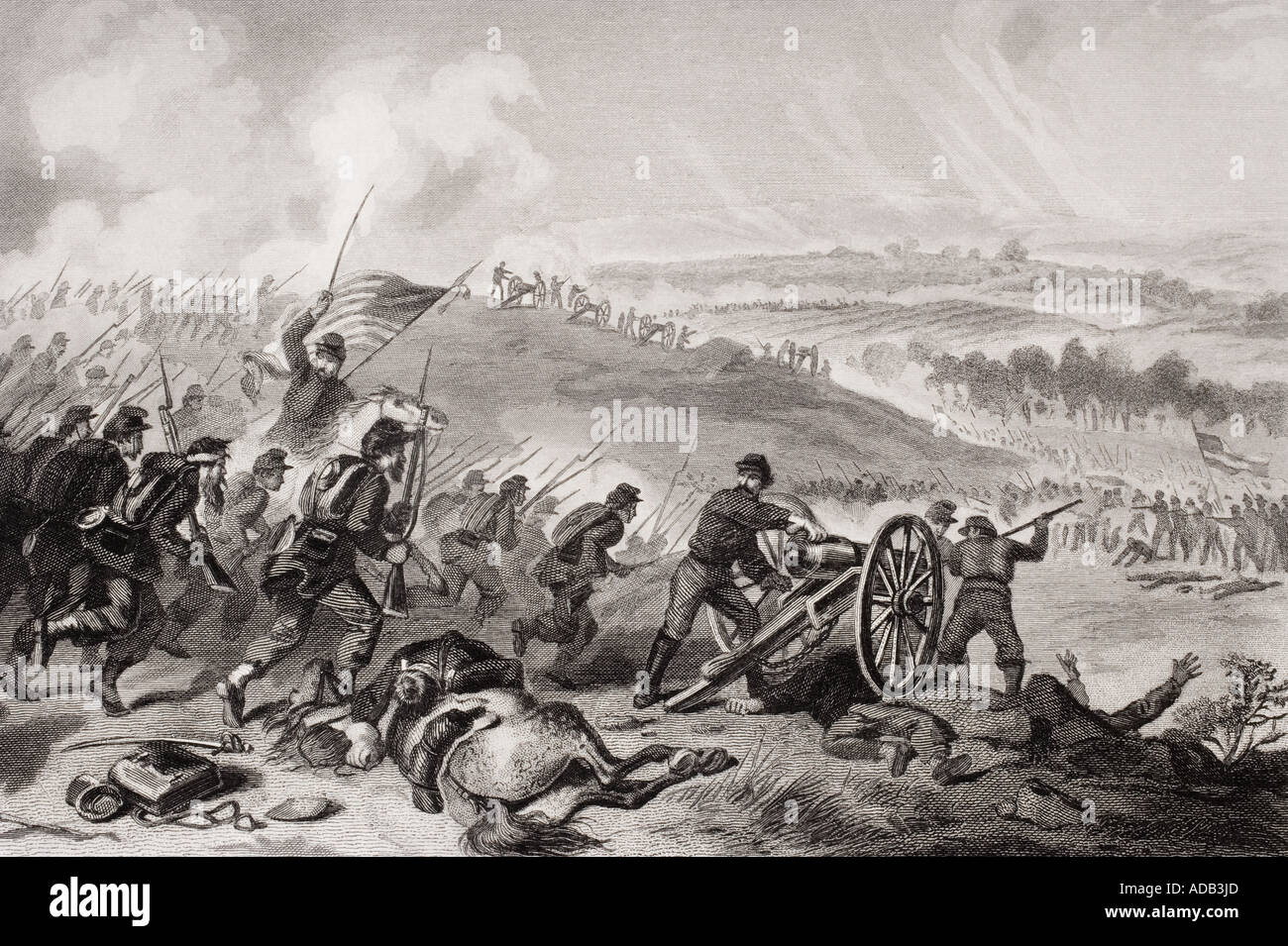 Battle of Gettysburg, Pennsylvania, July 1863. Final charge of the Union forces at Cemetery Hill. Stock Photo