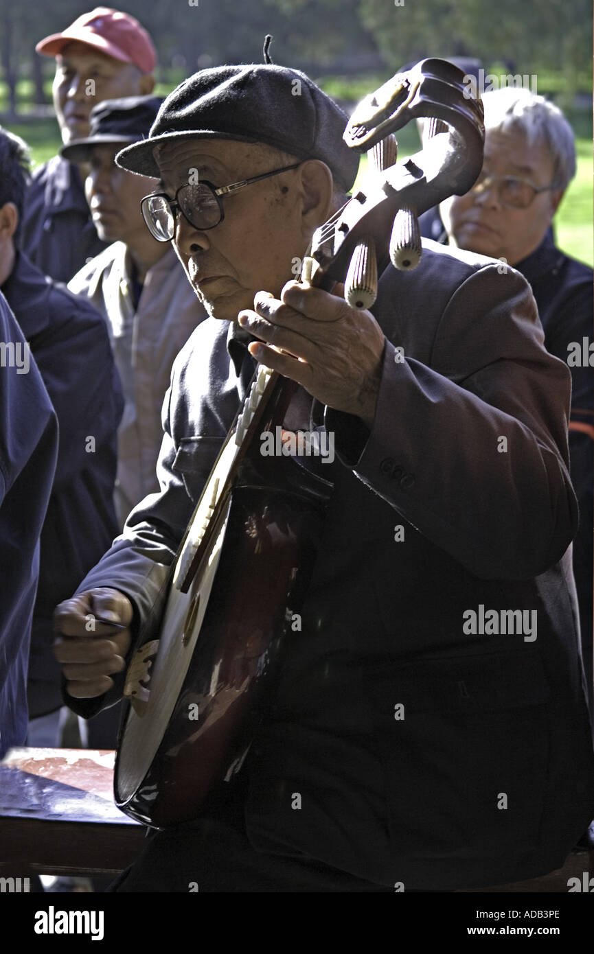 CHINA BEIJING Elderly Chinese gentleman playing the four stringed pipa Stock Photo