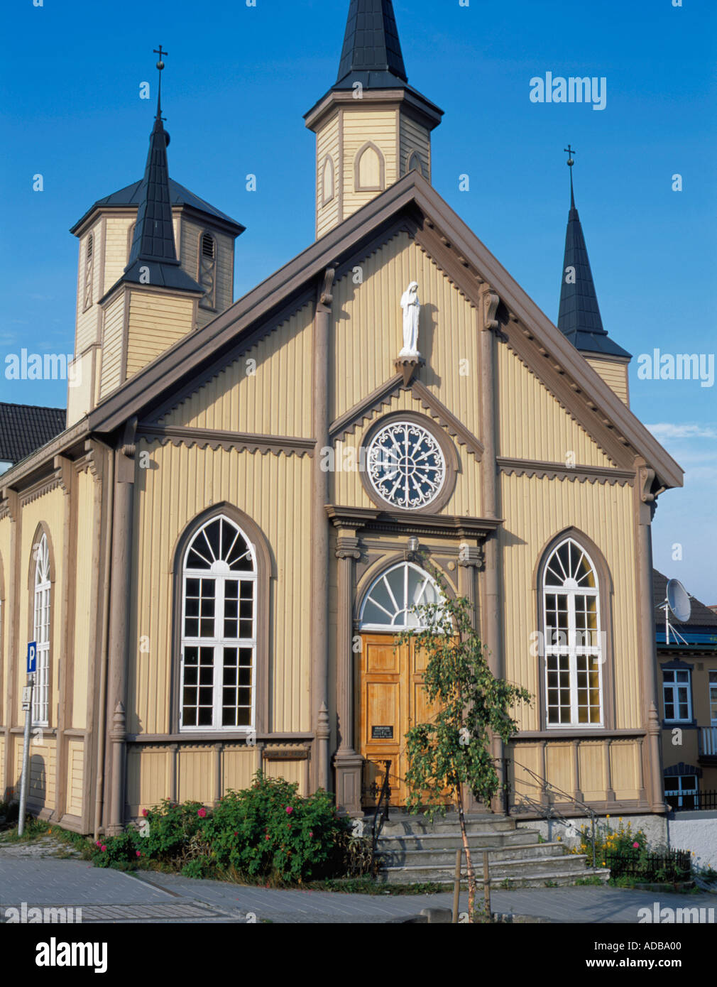 Picturesque ornate west front to the Catholic Church, Tromsø, Troms, arctic Norway. Stock Photo