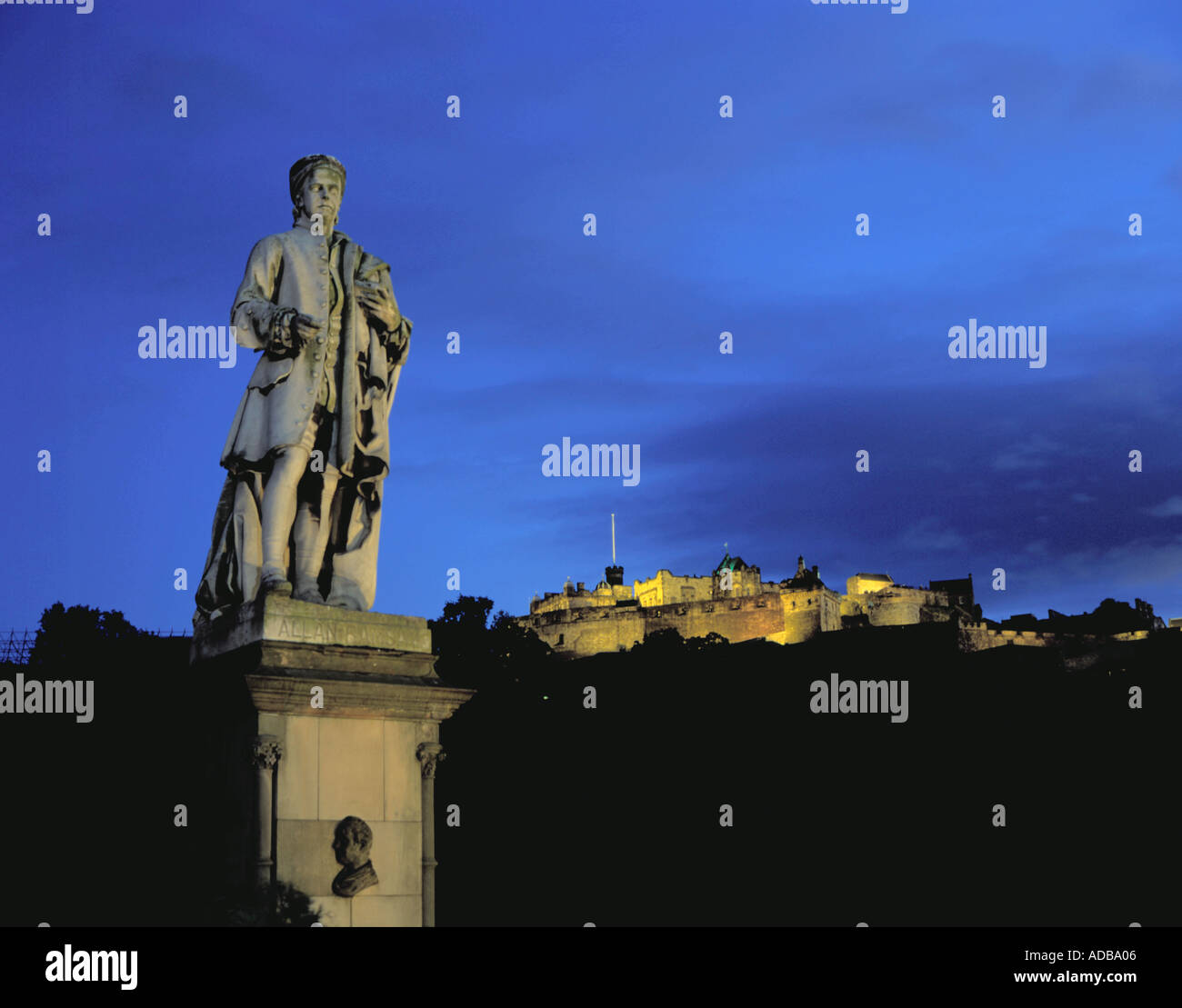 Statue of Allan Ramsay with Edinburgh Castle beyond, seen from Princes ...