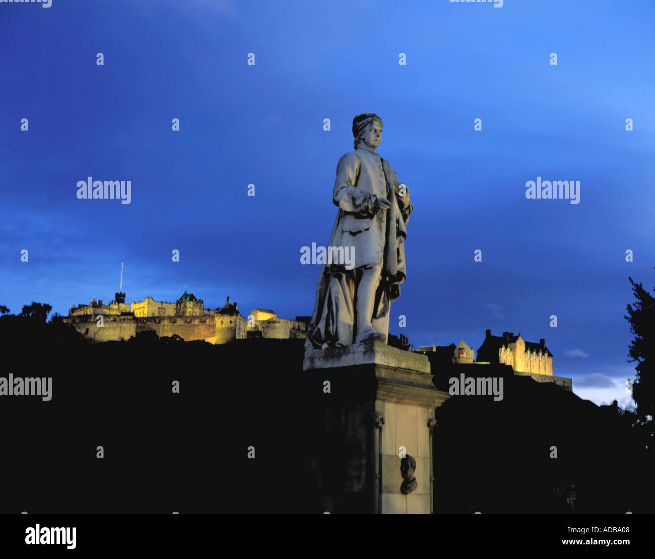 Statue of Allan Ramsay, with Edinburgh Castle beyond, seen from Princes ...