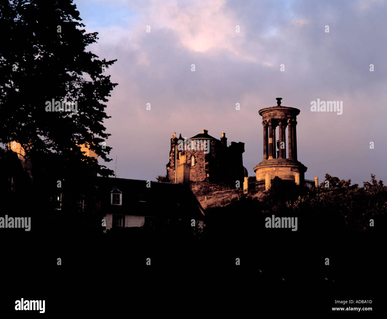 Old City Observatory and Dugald Stewart Memorial, Calton Hill, Edinburgh, Lothian, Scotland, UK. Stock Photo