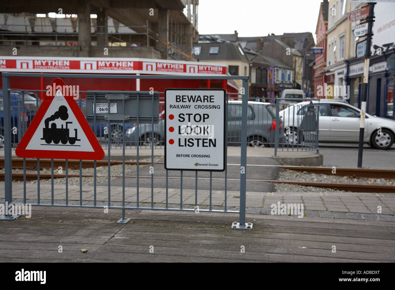Warning Signs On Railway Level Crossing Pedestrian Area Of Wexford Harbour Town Centre With Street In The Background Stock Photo Alamy Warning Signs On Railway Level Crossing Pedestrian Area Of Wexford Harbour Town Centre With Street In The Background Stock Photo Alamy