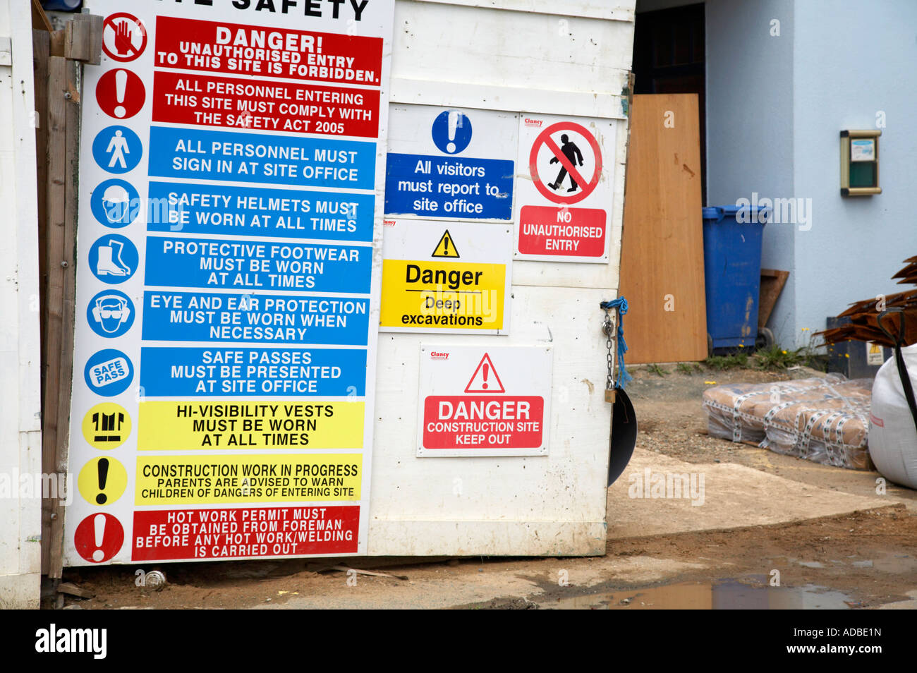 multiple health and safety notices on the gate to construction site
