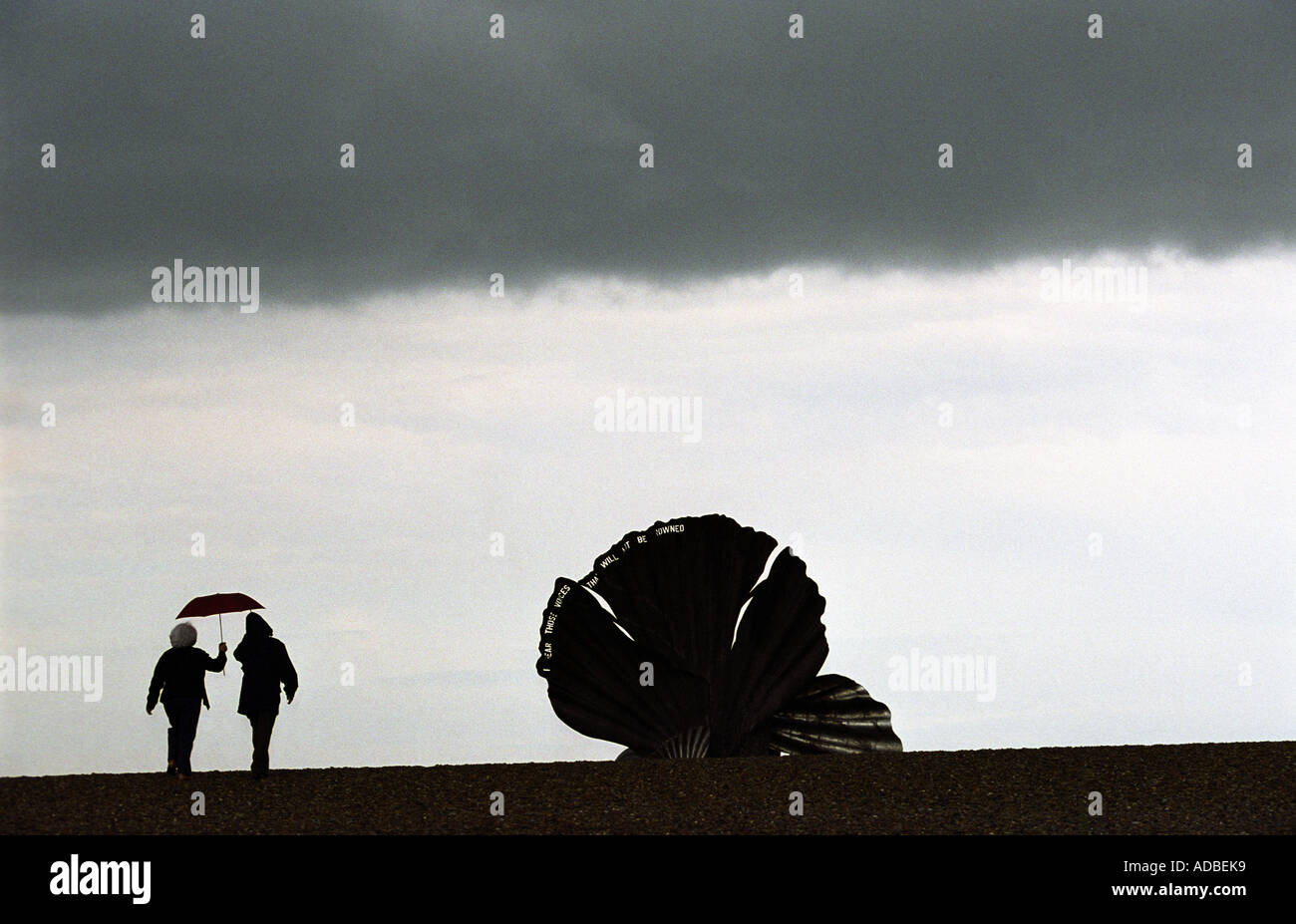 Maggie Hambling's scallop sculpture on Aldeburgh beach dedicated to British composer Benjamin Britten. Stock Photo