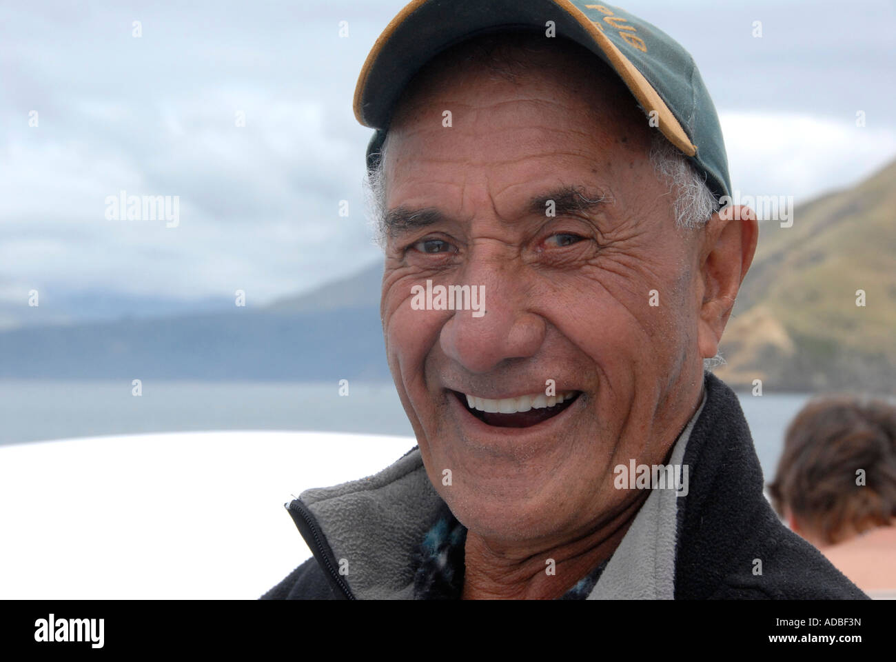 Portrait happy man Pelorus Sound  South Island  New Zealand Stock Photo