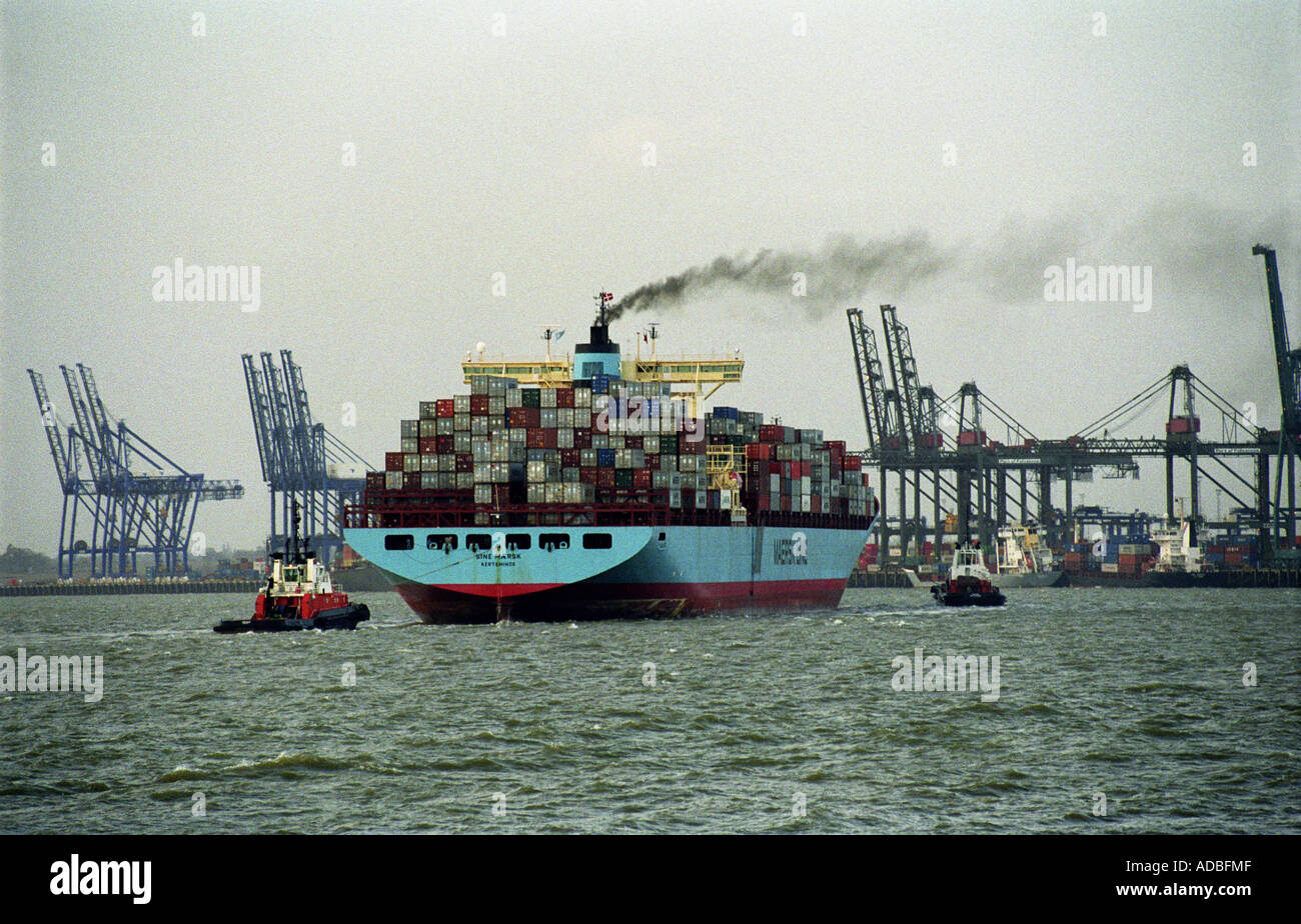 Maersk Sealand container ship arriving at the Port of Felixstowe in Suffolk, Britain's largest container terminal. Stock Photo