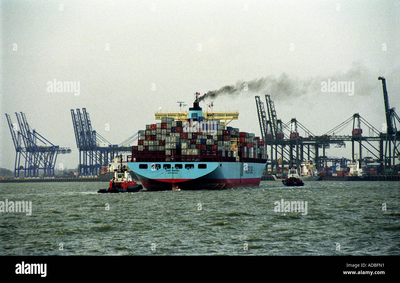 Maersk Sealand container ship arriving at the Port of Felixstowe in Suffolk, Britain's largest container terminal. Stock Photo