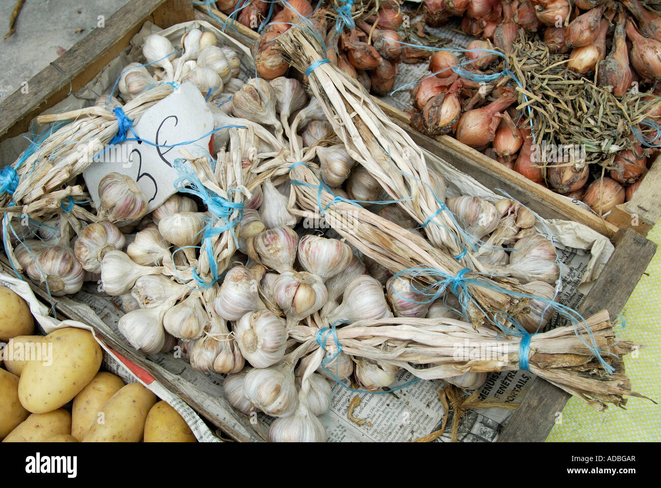 Boxes of garlic in French market Stock Photo Alamy