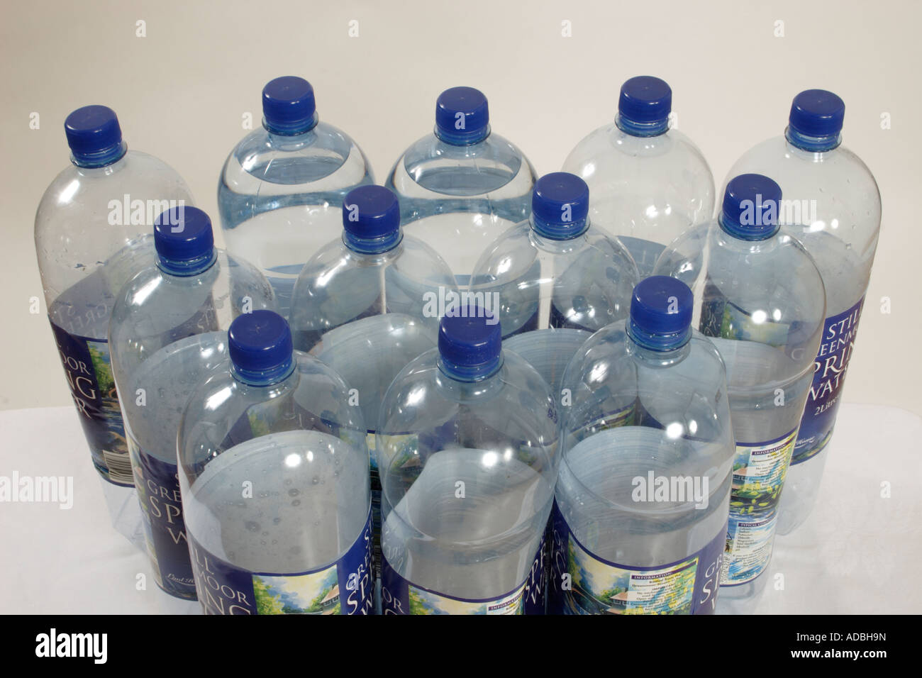 studio shot of twelve 2 litre plastic water bottles Stock Photo