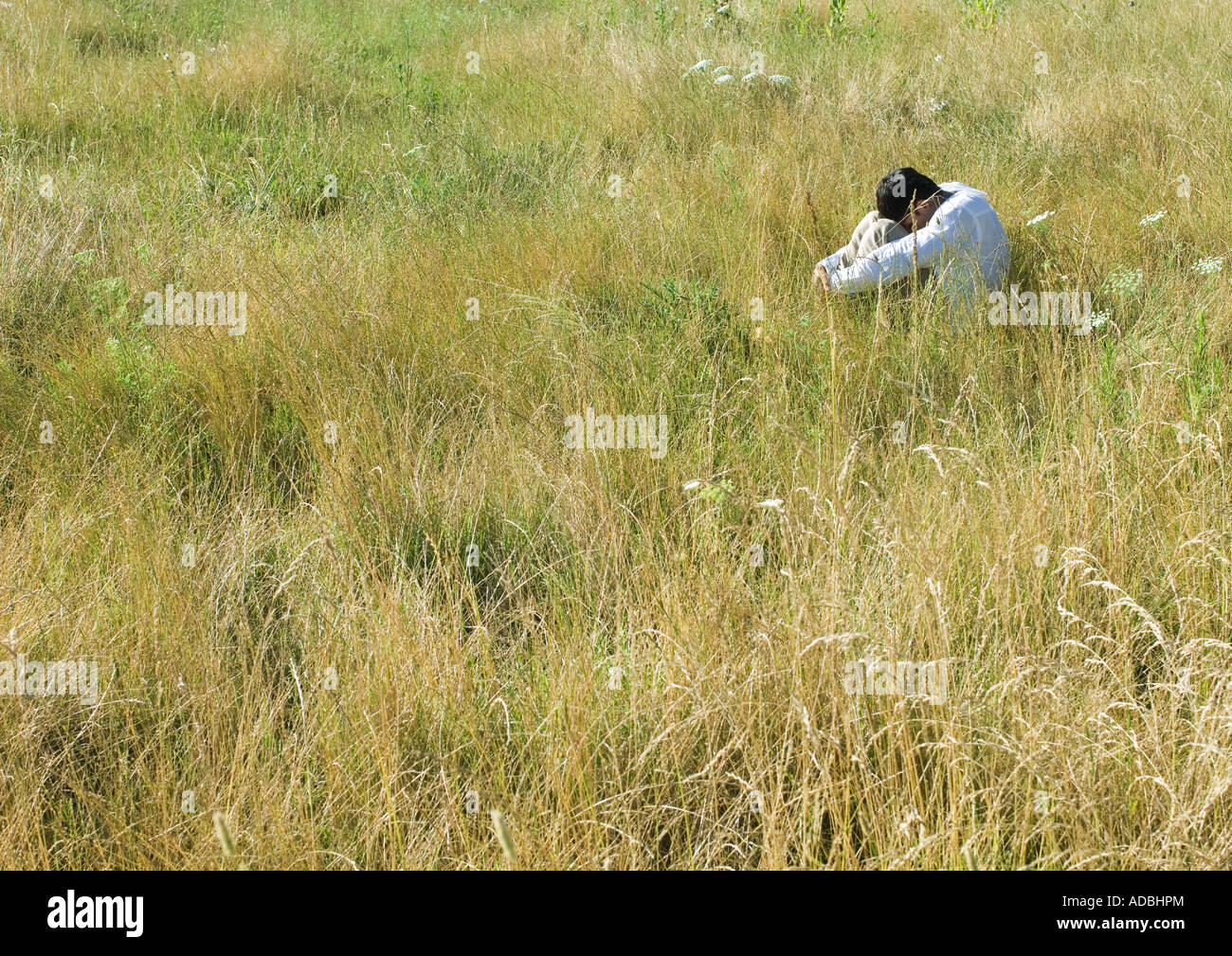 Man sitting in field, hugging knees with head down Stock Photo