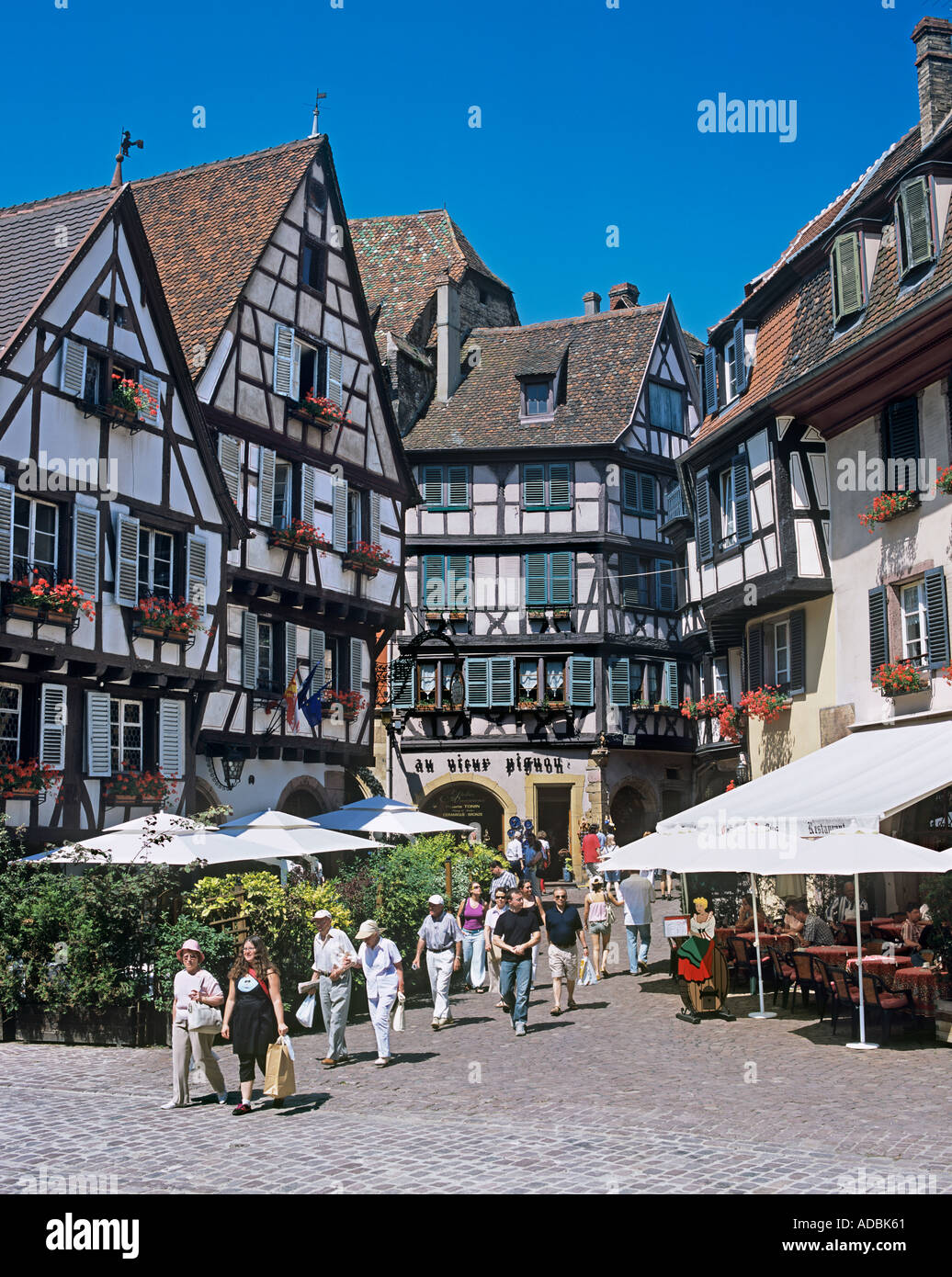Old timber framed buildings in the town centre of Colmar, France. Stock Photo