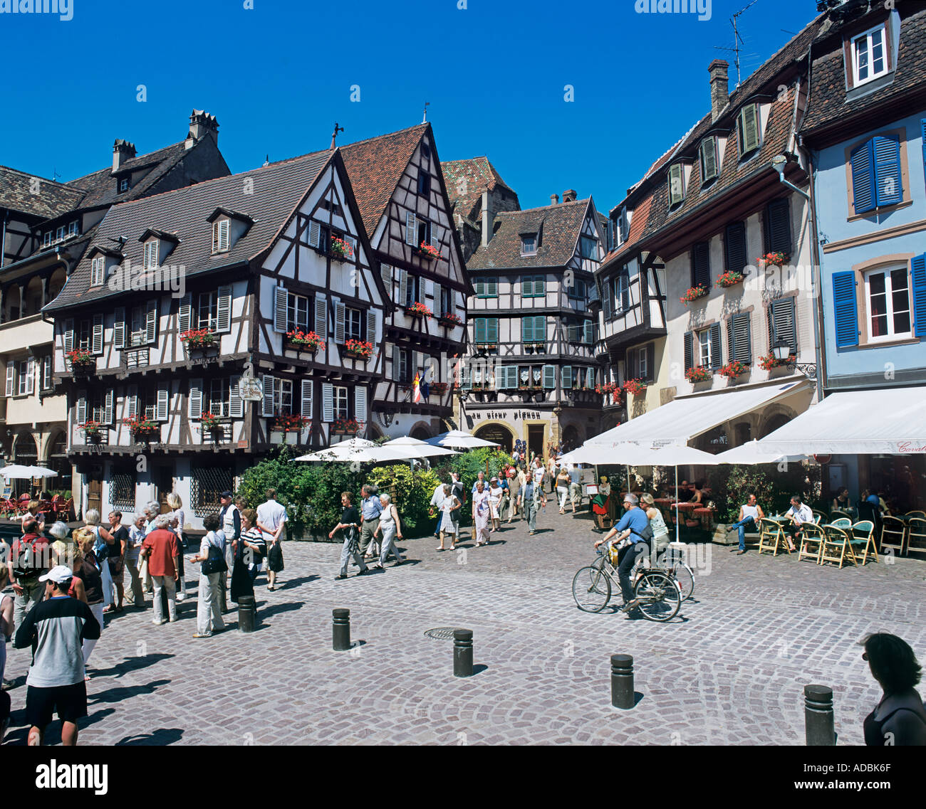 Old timber framed buildings in the town centre of Colmar, France. Stock Photo