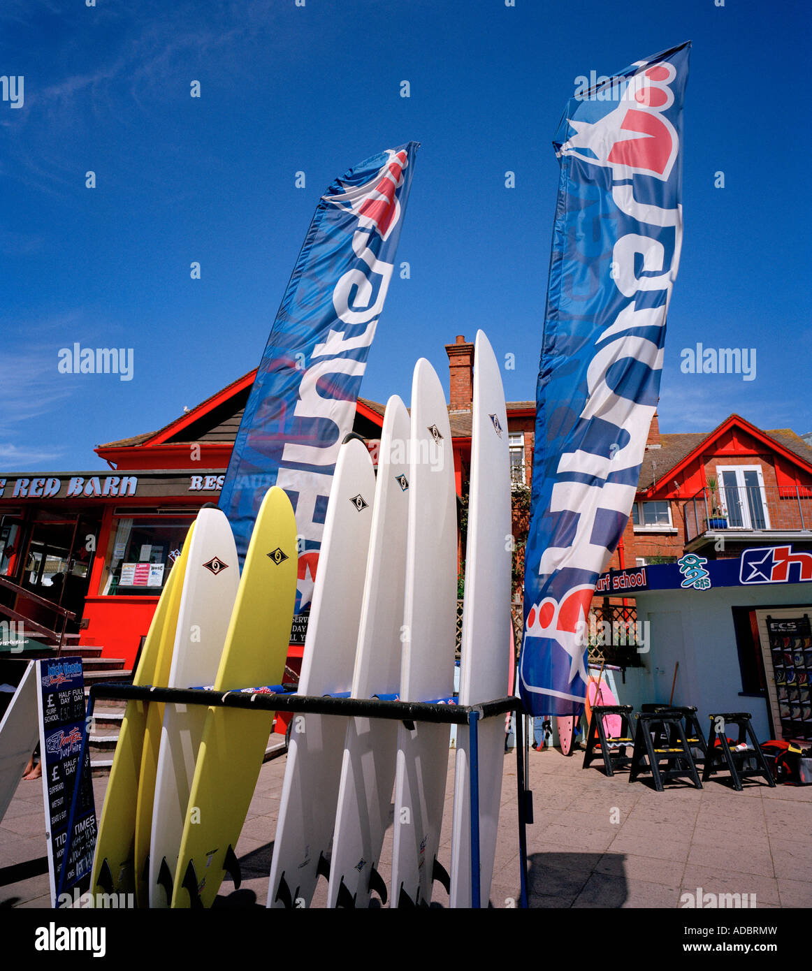 Surfboards for hire at Beach, North Devon, England, UK Stock Photo Alamy