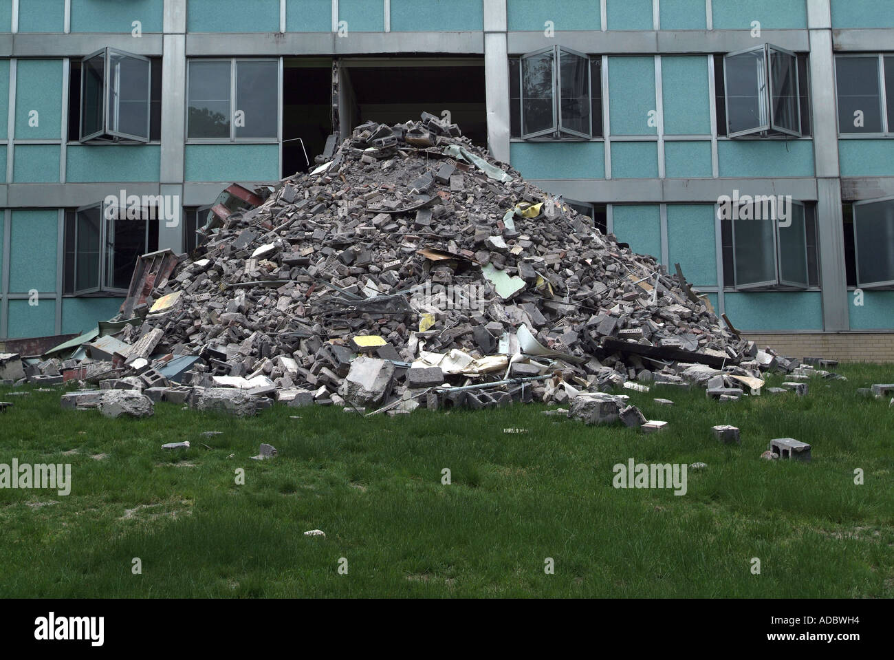 Pile of Debris under a building window as building is being renovated Stock Photo