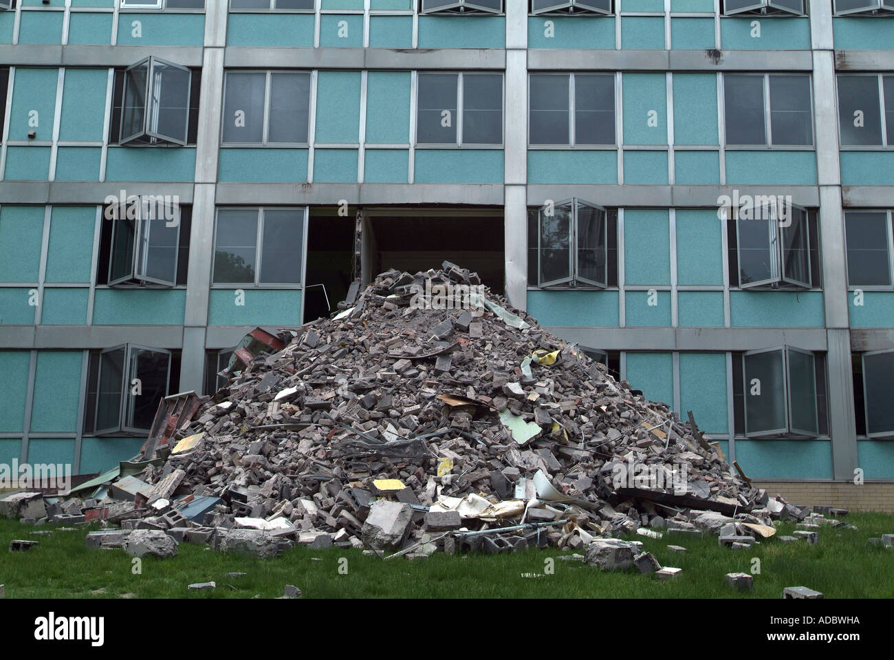 Pile of Debris under a building window as building is being renovated Stock Photo