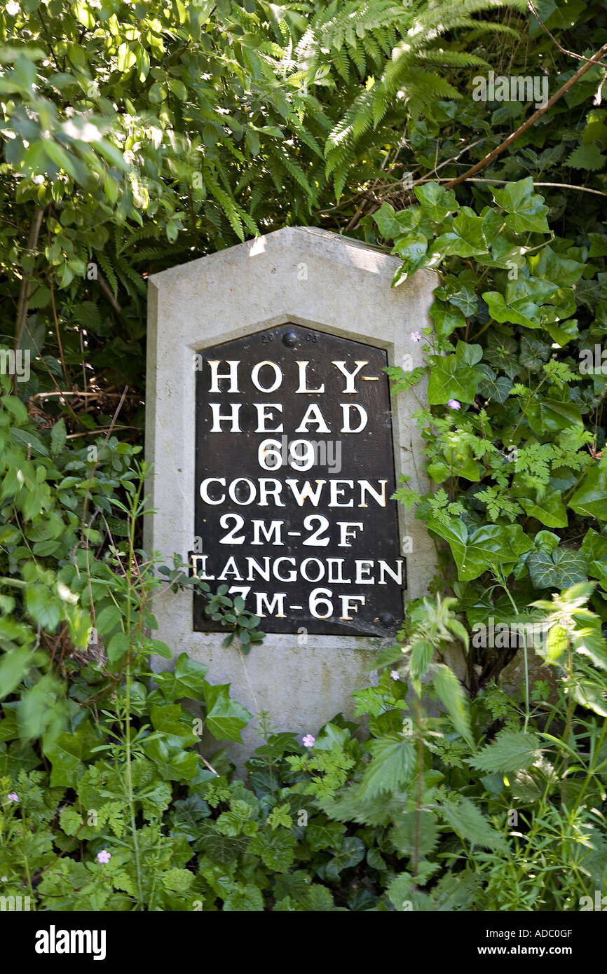 Holyhead Corwen and Llangollen milestone in hedgerow Denbighshire Wales UK Stock Photo