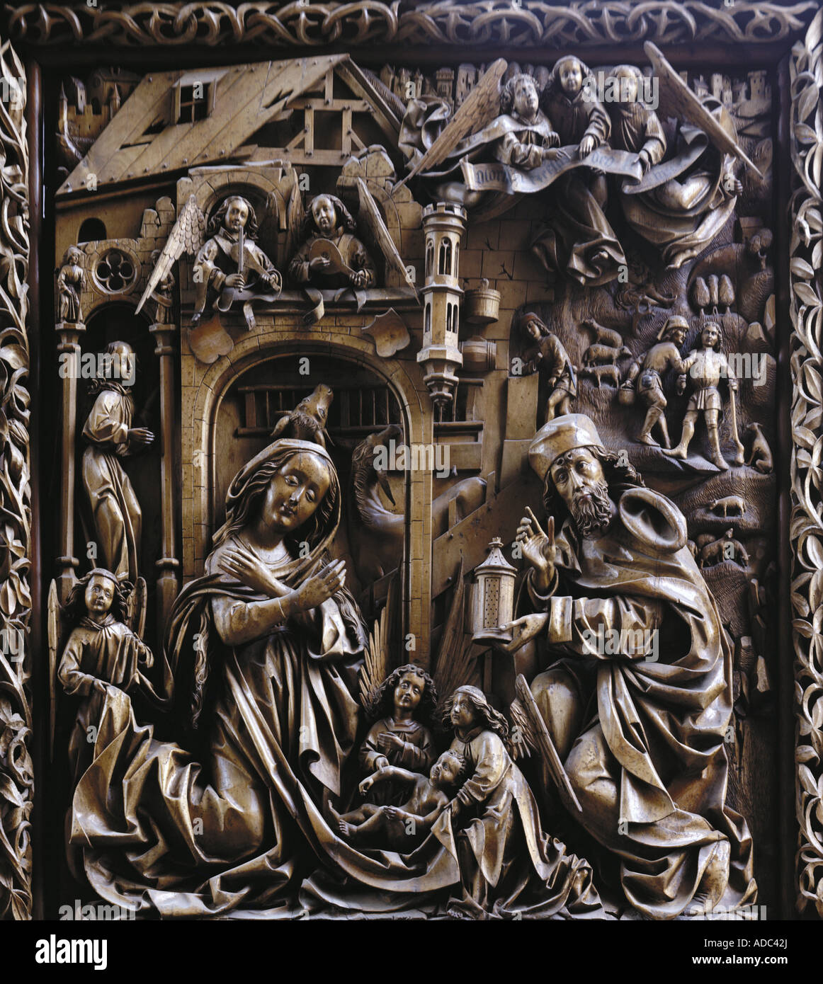 fine arts, Jesus Christ, carved altar with birth of Christ circa 1490 - 1497, wood, Kefermarkt parish church, Artist's Copyright has not to be cleared Stock Photo