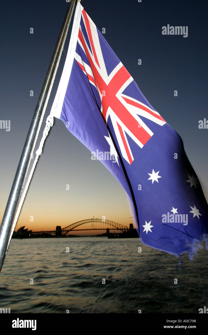 Australian Flag and Sydney Harbour Bridge at Dusk Sydney Australia